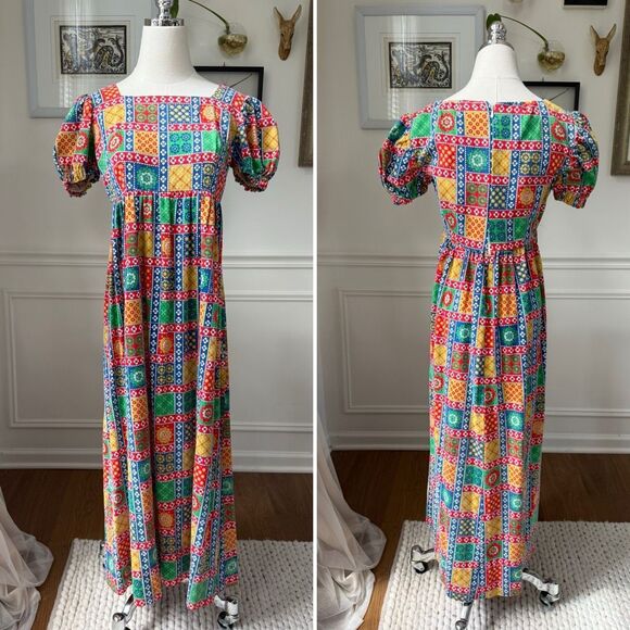 Vintage Dresses & Skirts - Vintage 70s Empire Waist Maxi Dress Colorful Bandana Folkart Print S